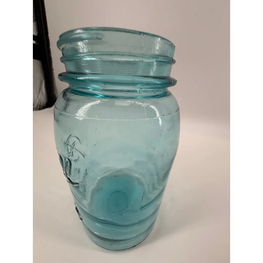 Vintage Ball  Mason Jar Aqua Green Glass Quart Canning Bottom Mark 6-6